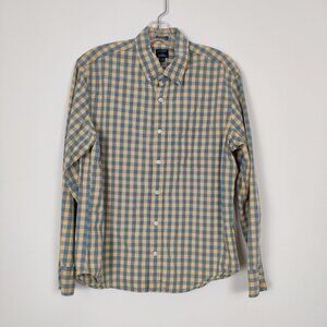 J. Crew Flex Washed Men's Button Down Plaid Shirt Yellow Blue Size Large Cotton